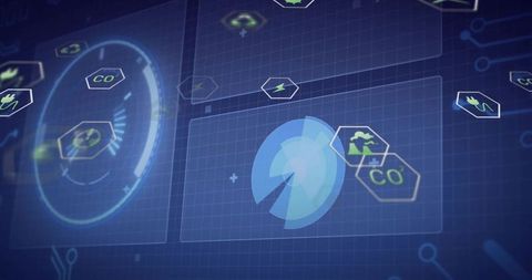 Futuristic Data Interface with Rotating Elements and Hex Icons