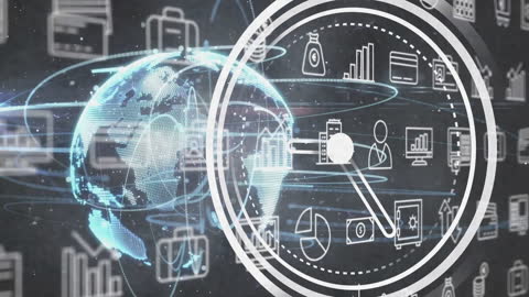 Digital World with Financial Data Overlay and Clock