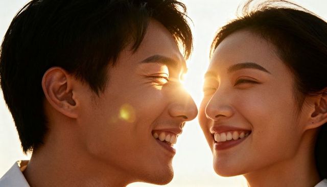 Asian couple smiling leaning close during golden hour with warm backlight lens flare