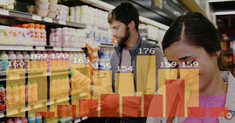 Couple in grocery aisle with analytics data overlay