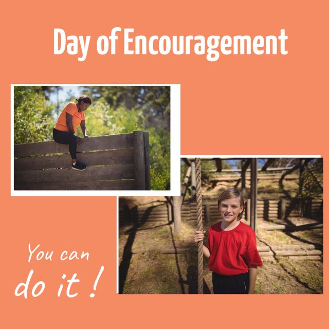 Image shows diverse individuals, including a woman climbing a wooden fence and a girl posing with a rope, participating in an outdoor physical activity. Perfect for use in motivational campaigns, fitness programs, diversity initiatives, teamwork promotions and messages emphasizing encouragement and positivity.