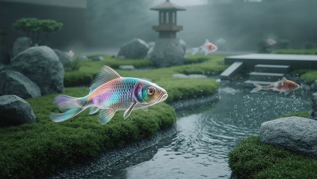 Colorful fish in misty japanese garden with zen vibes