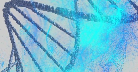 Turquoise dna helix swirling with metallic beads and particle glow for science design