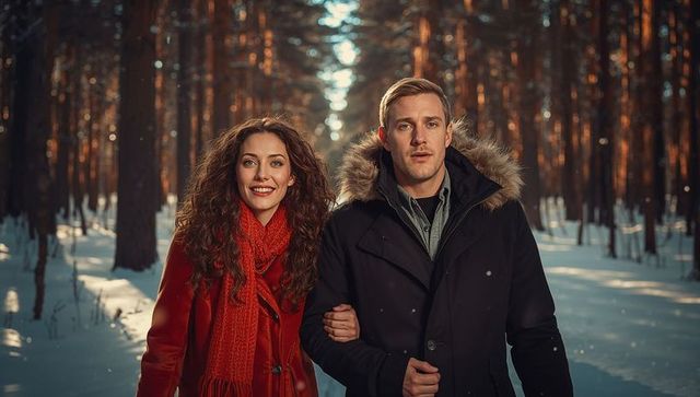 Couple Walking in Snowy Pine Forest During Winter