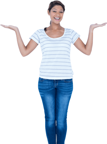 Cheerful Woman Shrugging Carefree Expression on Transparent Background