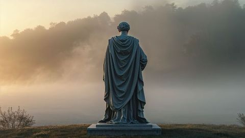 Statue in misty landscape at dawn with golden light