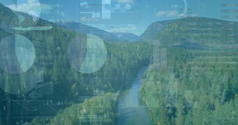 Drone HUD Overlay Visualizing Winding River Through Forest Gorge Toward Snowcapped Peaks