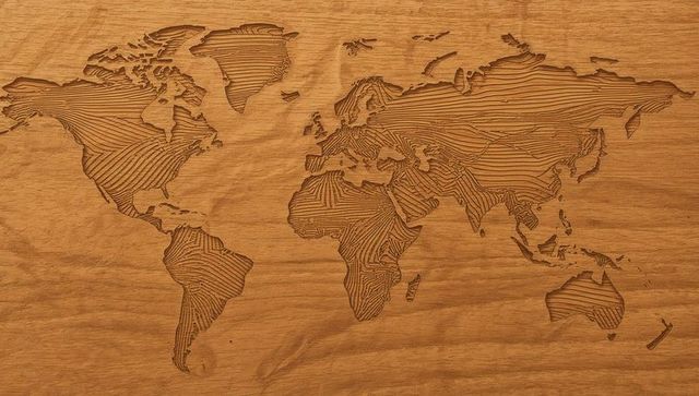 Carved World Map Wall Panel with Layered Contour Grooves