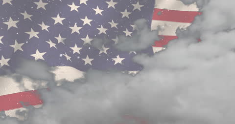 USA Flag Behind overcast Sky with Snowfall Animation
