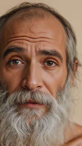 Vertical close-up mature man lifting eyelids and shifting gaze in contemplative moment