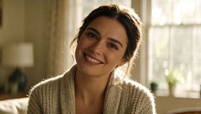 Smiling woman wearing chunky knit cardigan in sunlit cozy living room