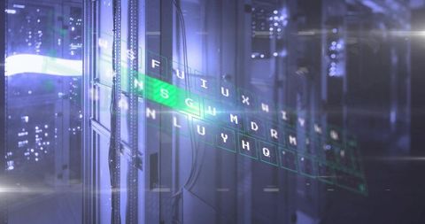 Holographic keyboard projecting over server rack in futuristic data center