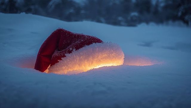 Glowing Santa hat resting in snowy drift at twilight with frosted brim