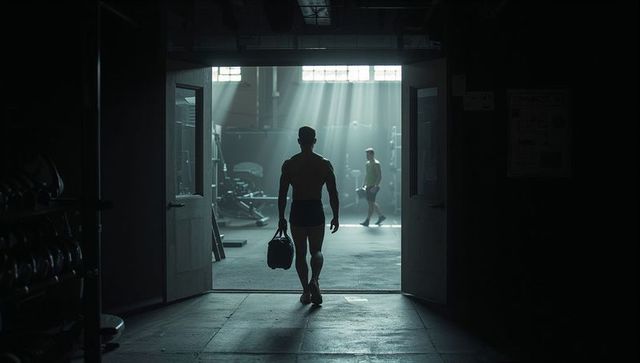 Silhouette athlete walking into industrial gym with duffel bag and dramatic sunbeams