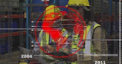 Warehouse Workers Collaborating Using Tablet With Global Logistics Data Overlay
