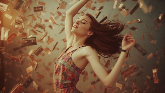 Dynamic woman surrounded by floating cassette tapes