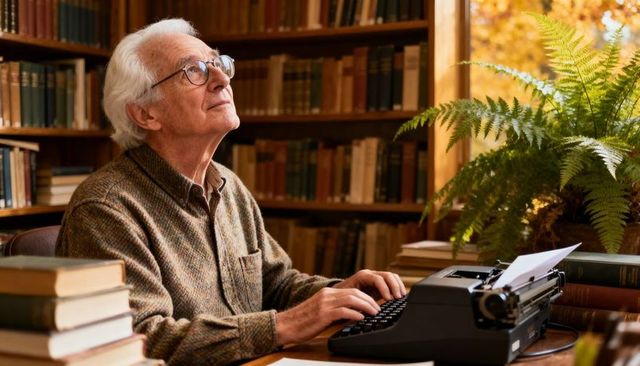Senior man typing on vintage typewriter in cozy autumn library, writing manuscript