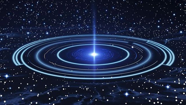 Glowing energy rings around star in space with vertical light beam