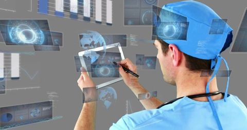 Surgeon using tablet with holographic ar medical dashboard, futuristic data panels
