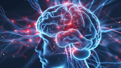 Futuristic brain connectivity with neural network overlay in digital space