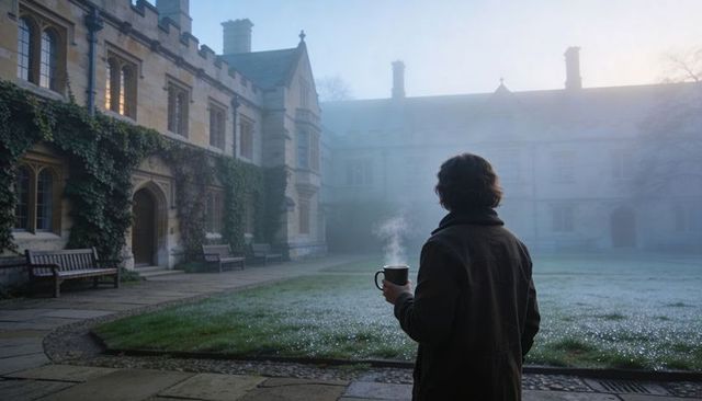 Standing man holding steaming mug in misty historic collegiate quadrangle with frosty lawn