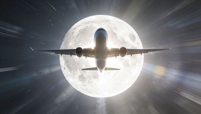Commercial jet soaring past full moon backlit night flight with dramatic motion streaks