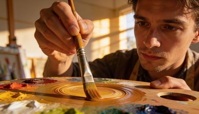 Mixing warm paint on wooden palette by focused male artist in sunlit studio