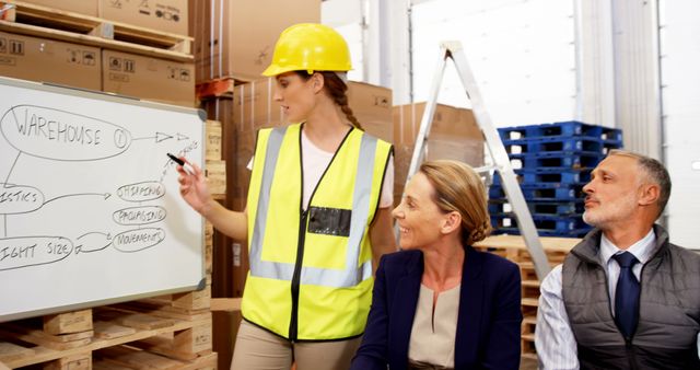 Warehouse manager presenting logistics plan to team members on whiteboard using diagrams. Ideal for illustrating teamwork, logistics strategies, warehouse operations, and business meetings in industrial settings.