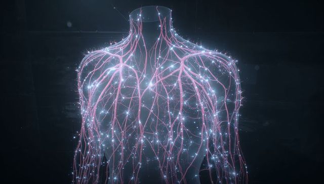 Holographic upper torso with neural network filaments and glowing blue synaptic nodes for ai medicin