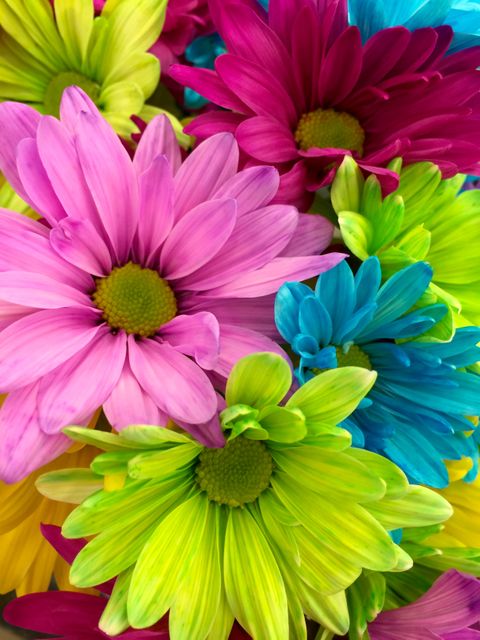 Close-up view of a vibrant and colorful bouquet of blooming daisies. The petals display a range of colors including pink, green, blue, and yellow, creating a lively and cheerful visual effect. Great for use in floral design, nature-themed projects, greeting cards, seasonal decorations, or uplifting marketing materials.