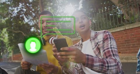 Students Analyzing Directions Outdoors with Map and Smartphone