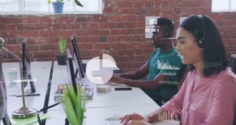 Diverse Call Center Team with Digital Graph Analysis Elements