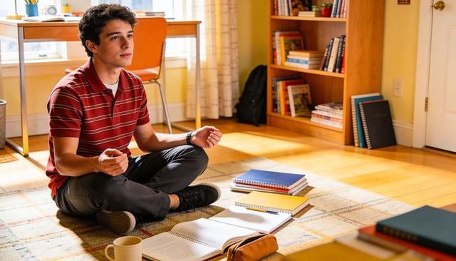 Sunlit college student studying cross-legged on bedroom rug with notebooks and desk