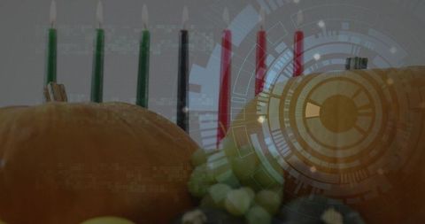 Autumn pumpkin centerpiece with lit candles, harvest gourds and futuristic HUD overlay