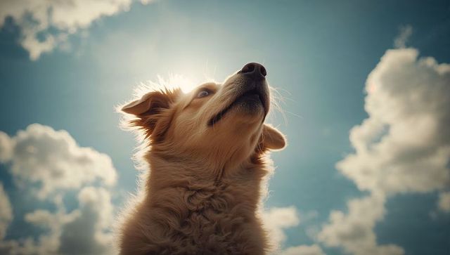Golden dog gazing at sky with sun backlight and glowing fur halo for serene pet portrait