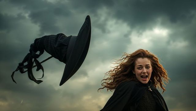 Woman Braving Storm with Flying Witch Hat