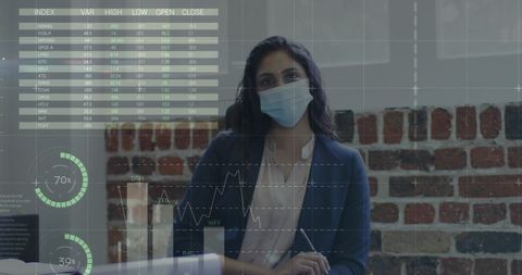 Businesswoman in Mask Analyzing Virtual Data Models in Office