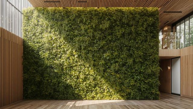 Dominating living green wall transforming modern atrium with diagonal sunlight, wood slats