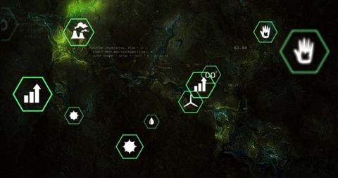Neon Green Hexagonal Telemetry Icons Overlaying Topographic Terrain Map for Analytics