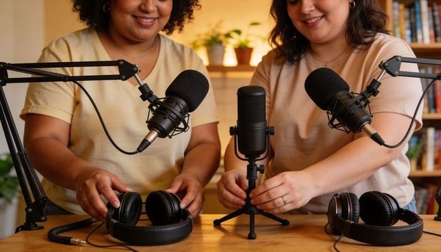 Two women recording podcast in cozy home studio adjusting microphones and headphones