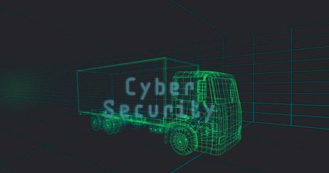 Neon Wireframe Box Truck in Virtual Grid Representing Cybersecurity for Logistics