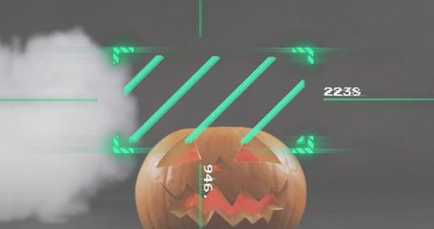 Glowing Jack-o-lantern with Cyberpunk HUD, Holographic Scanlines and Drifting Smoke