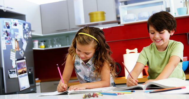 Children Doing Homework at Home Kitchen Counter - Download Free Stock Images Pikwizard.com