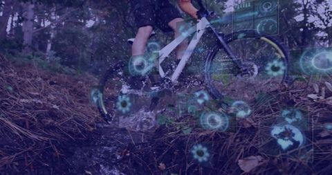 Cyclist Riding Through Forest Trail with Digital Data Overlay