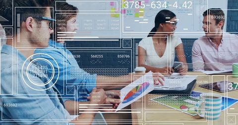 Diverse Team Collaborating at Modern Office, Data Interface Overlay