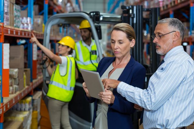 Warehouse manager and client discussing logistics and inventory using a digital tablet. Workers in safety vests and helmets operating a forklift and organizing shelves in the background. Ideal for use in business, logistics, supply chain management, and industrial technology contexts.