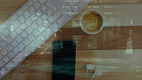 Digital Data Overlay on Workspace with Smartphone and Coffee
