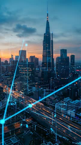 Vertical video capturing futuristic skyline with glowing data nodes linking skyscrapers at dusk