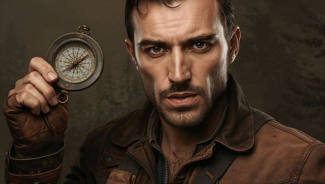 Rugged adventurer holding antique brass compass close-up portrait in leather jacket