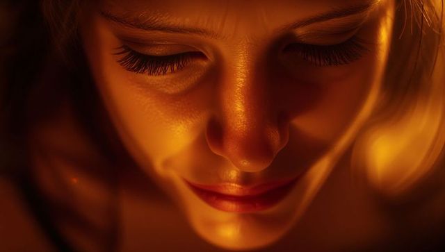 Golden glow closeup smiling woman with long eyelashes rose-red lips warm makeup